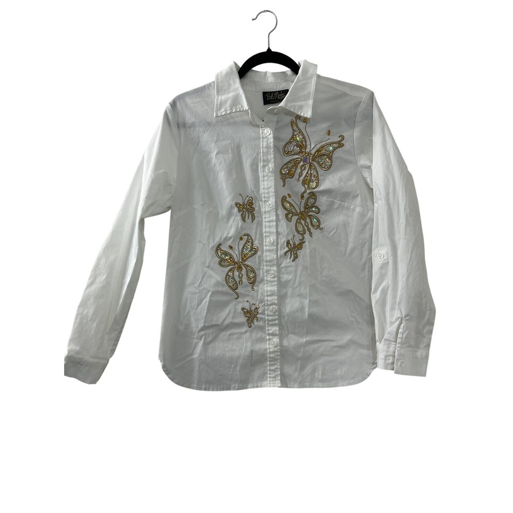 Bob Mackie Butterfly Embroidered Shirt S White Rhinestone Art Whimsigoth Glam